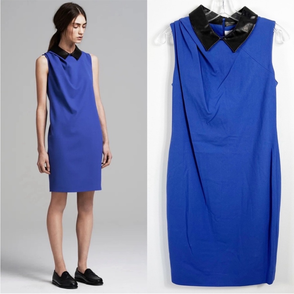 Thakoon Addition Sleeveless Crepe Leather Peter Pan Collared Shift Dress